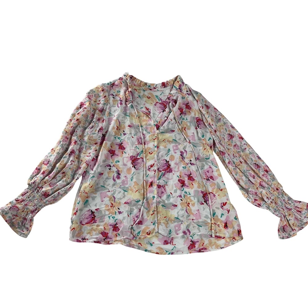 Floral Sheer Peasant Blouse Smocked Cuffs Boho Cottagecore Top‎